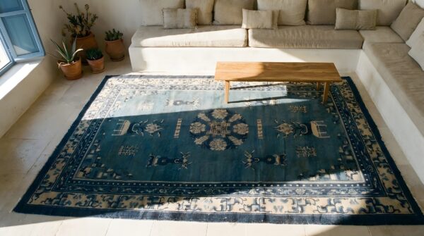 Antique peking chinese medallion blue 1890s rug 2 Antique peking chinese medallion blue 1890s rug (sku 23757) - styled overhead view