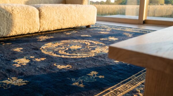 Antique peking chinese medallion blue 1890s blue rug 9 Antique peking chinese medallion blue 1890s blue rug (sku 24221) - in-room detail
