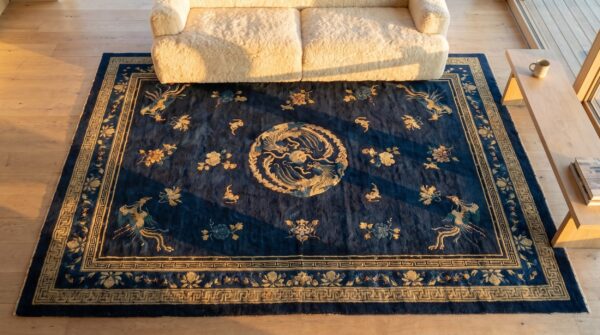 Antique peking chinese medallion blue 1890s blue rug 2 Antique peking chinese medallion blue 1890s blue rug (sku 24221) - styled overhead view