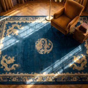 Antique Peking Chinese Medallion Blue 1900s Rug (SKU 23861) - styled overhead view