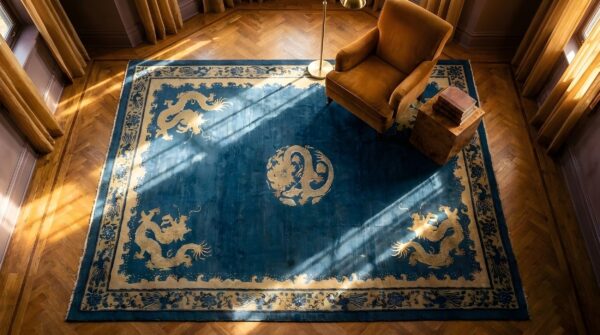 Antique peking chinese medallion blue 1900s rug 2 Antique peking chinese medallion blue 1900s rug (sku 23861) - styled overhead view
