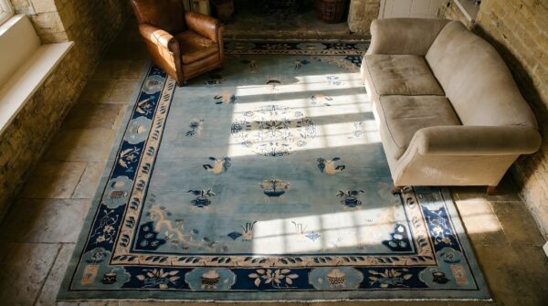 Antique peking chinese medallion blue 1920s rug 2 Antique peking chinese medallion blue 1920s rug (sku 24090) - styled overhead view
