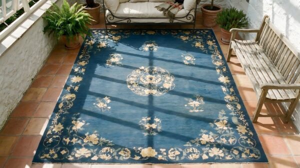 Antique peking chinese medallion blue 1920s blue rug 2 Antique peking chinese medallion blue 1920s blue rug (sku 24717) - styled overhead view