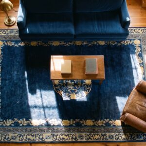 Antique Peking Chinese Medallion Blue Navy 1890s Rug (SKU 24406) - styled overhead view