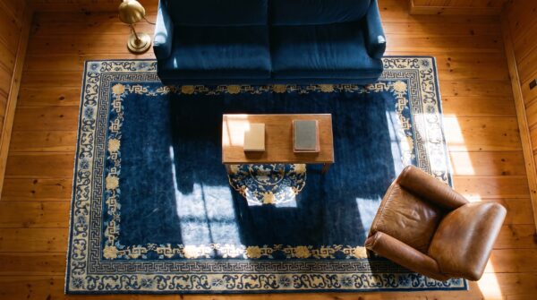 Antique peking chinese medallion blue navy 1890s rug 2 Antique peking chinese medallion blue navy 1890s rug (sku 24406) - styled overhead view