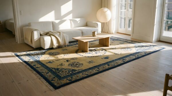 Antique peking chinese medallion blue navy, ivory 1900s rug 13 Antique peking chinese medallion blue navy, ivory 1900s rug (sku 24044) - room view