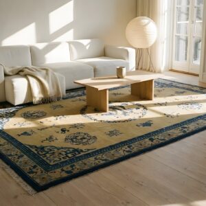 Antique Peking Chinese Medallion Blue Navy, Ivory 1900s Rug (SKU 24044) - styled overhead view