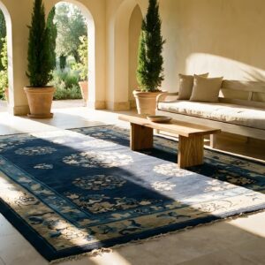 Antique Peking Chinese Medallion Blue Navy, Ivory Beige Cream White 1900s Rug (SKU 23974) - in-room detail