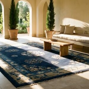 Antique Peking Chinese Medallion Blue Navy, Ivory Beige Cream White 1900s Rug (SKU 23974) - styled overhead view