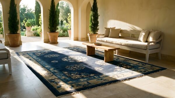 Antique peking chinese medallion blue navy, ivory beige cream white 1900s rug 2 Antique peking chinese medallion blue navy, ivory beige cream white 1900s rug (sku 23974) - styled overhead view