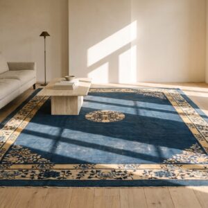 Antique Peking Chinese Medallion Blue Navy, Ivory Beige Cream White 1920s Rug (SKU 24425) - room view