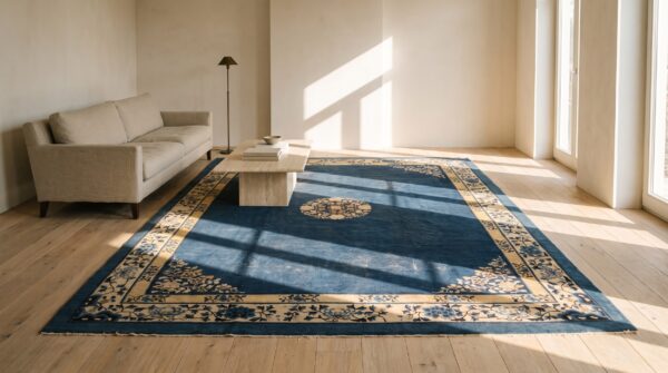 Antique peking chinese medallion blue navy, ivory beige cream white 1920s rug 10 Antique peking chinese medallion blue navy, ivory beige cream white 1920s rug (sku 24425) - room view