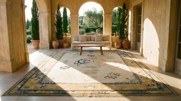 Antique peking chinese medallion ivory 1870s rug 11 Antique peking chinese medallion ivory 1870s rug (sku 24420) - room view