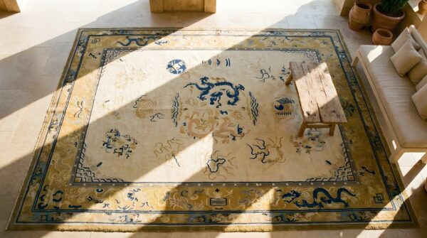 Antique peking chinese medallion ivory 1870s rug 2 Antique peking chinese medallion ivory 1870s rug (sku 24420) - styled overhead view