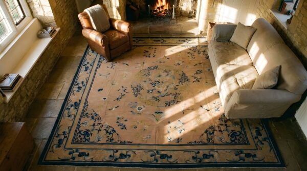 Antique peking chinese medallion ivory 1890s square rug 11 Antique peking chinese medallion ivory 1890s square rug (sku 24311) - in-room detail