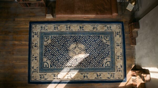 Antique peking chinese medallion ivory 1900s rug 2 Antique peking chinese medallion ivory 1900s rug (sku 22911) - styled overhead view