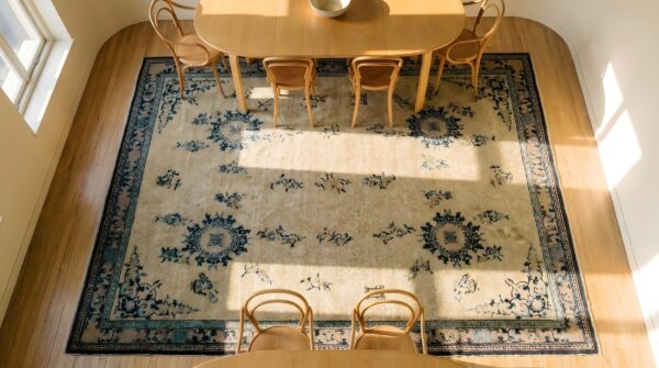 Antique peking chinese medallion ivory 1920s rug (sku 24757) - styled overhead view