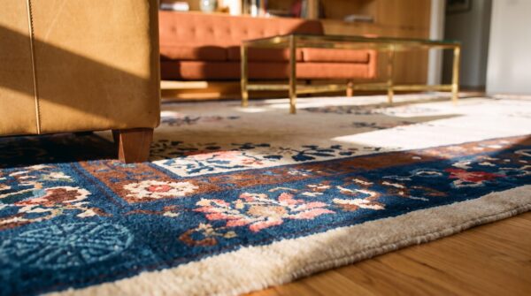 Antique peking chinese medallion ivory 1930s rug 9 Antique peking chinese medallion ivory 1930s rug (sku 22839) - in-room detail