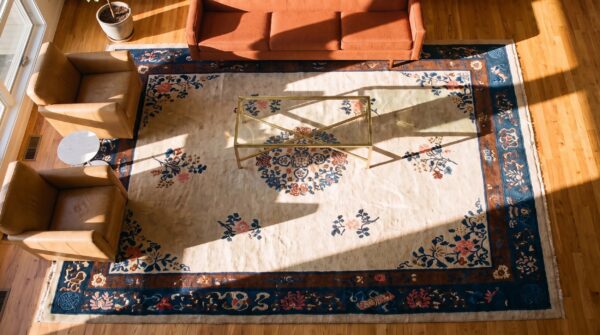 Antique peking chinese medallion ivory 1930s rug 2 Antique peking chinese medallion ivory 1930s rug (sku 22839) - styled overhead view