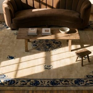 Antique Peking Chinese Medallion Ivory Beige Cream White 1880s Rug (SKU 24636) - styled overhead view