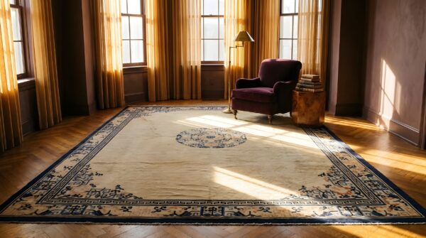Antique peking chinese medallion ivory beige cream white 1890s rug 10 Antique peking chinese medallion ivory beige cream white 1890s rug (sku 24387) - room view