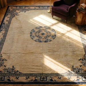 Antique Peking Chinese Medallion Ivory Beige Cream White 1890s Rug (SKU 24387) - in-room detail
