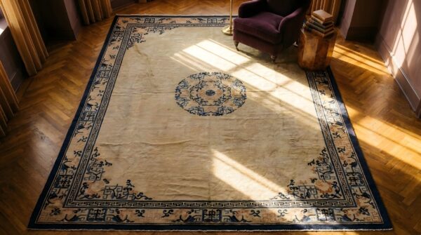 Antique peking chinese medallion ivory beige cream white 1890s rug 11 Antique peking chinese medallion ivory beige cream white 1890s rug (sku 24387) - in-room detail