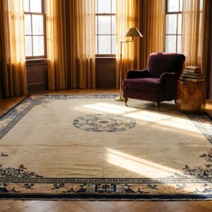 Antique Peking Chinese Medallion Ivory Beige Cream White 1890s Rug (SKU 24387) - styled overhead view