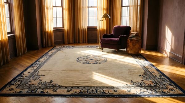 Antique peking chinese medallion ivory beige cream white 1890s rug 2 Antique peking chinese medallion ivory beige cream white 1890s rug (sku 24387) - styled overhead view