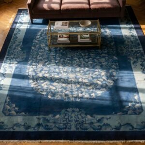 Antique Peking Chinese Medallion Navy 1920s Rug (SKU 23792) - styled overhead view