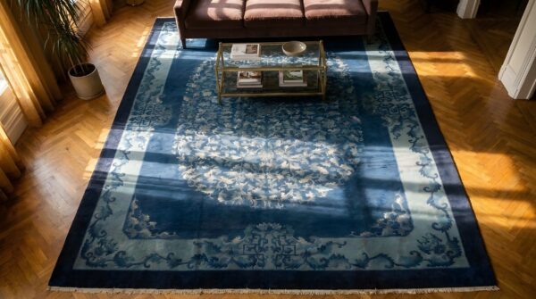 Antique peking chinese medallion navy 1920s rug 2 Antique peking chinese medallion navy 1920s rug (sku 23792) - styled overhead view