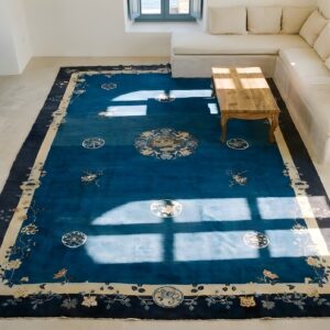 Antique Peking Chinese Medallion Navy 1930s Rug (SKU 23835) - styled overhead view