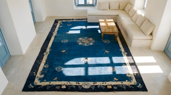 Antique peking chinese medallion navy 1930s rug 2 Antique peking chinese medallion navy 1930s rug (sku 23835) - styled overhead view