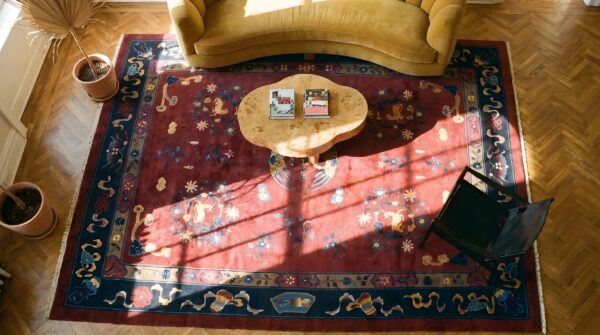 Antique peking chinese medallion red 1900s rug (sku 24560) - styled overhead view