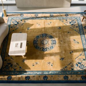 Antique Peking Chinese Medallion Yellow 1930s Rug (SKU 22830) - styled overhead view