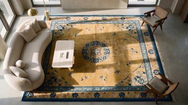 Antique peking chinese medallion yellow 1930s rug (sku 22830) - styled overhead view