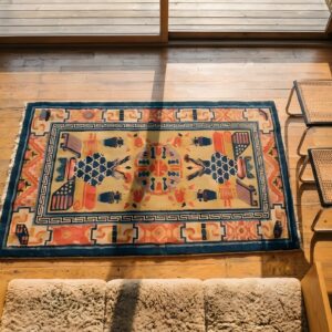 Antique Peking Chinese Yellow 1930s Rug (SKU 22735) - styled overhead view