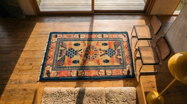 Antique peking chinese yellow 1930s rug 2 Antique peking chinese yellow 1930s rug (sku 22735) - styled overhead view