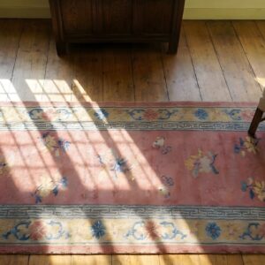Antique Peking Coral Wool Hallway Runner Rug (SKU 23586) - styled overhead view