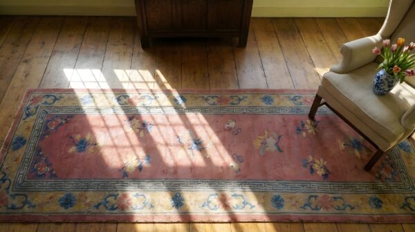 Antique peking coral wool hallway runner rug 2 Antique peking coral wool hallway runner rug (sku 23586) - styled overhead view