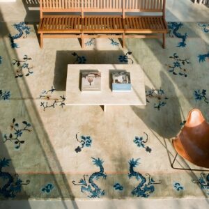 Antique Peking Floral Design Chinese Wool Pile Knotted Rug (SKU 24760) - styled overhead view