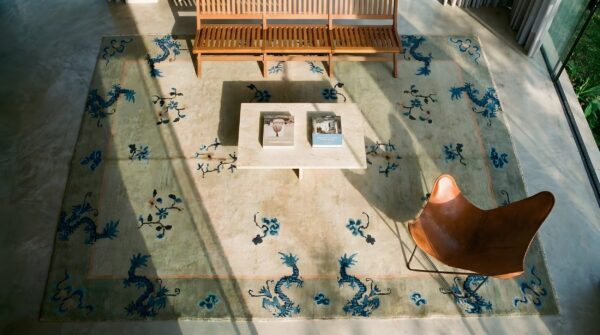 Antique peking floral design chinese wool pile knotted rug 2 Antique peking floral design chinese wool pile knotted rug (sku 24760) - styled overhead view