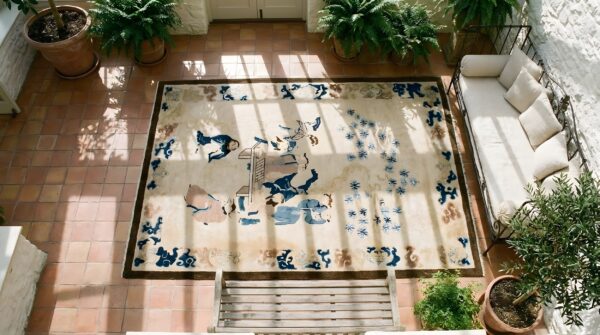 Antique peking hallway runner wool beige rug 2 Antique peking hallway runner wool beige rug (sku 24123) - styled overhead view