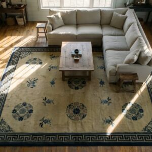 Antique Peking Hallway Runner Wool Beige and Blue Rug (SKU 24629) - styled overhead view