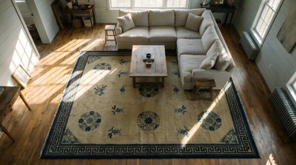 Antique peking hallway runner wool beige and blue rug 2 Antique peking hallway runner wool beige and blue rug (sku 24629) - styled overhead view