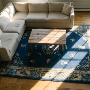 Antique Peking Hallway Runner Wool Beige, Blue Navy Rug (SKU 24472) - styled overhead view