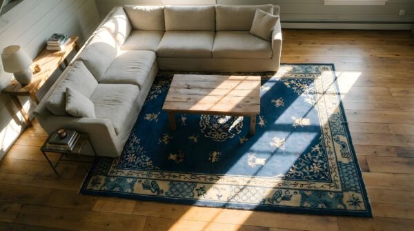 Antique peking hallway runner wool beige, blue navy rug 2 Antique peking hallway runner wool beige, blue navy rug (sku 24472) - styled overhead view