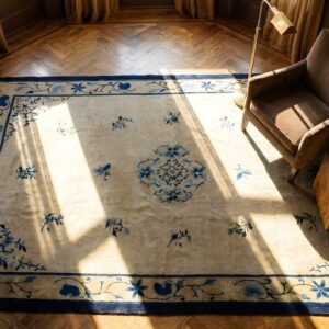Antique Peking Hallway Runner Wool Blue, Ivory Beige Cream White Rug (SKU 24624) - styled overhead view