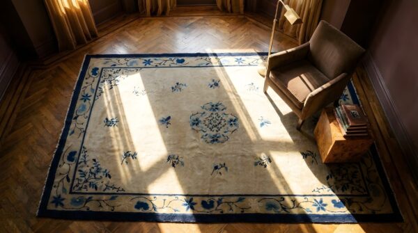 Antique peking hallway runner wool blue, ivory beige cream white rug (sku 24624) - styled overhead view