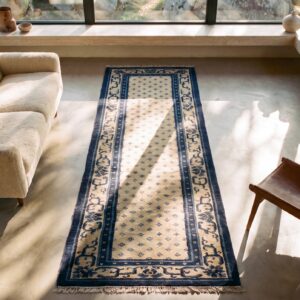 Antique Peking Hallway Runner Wool - Blue Navy, Ivory Beige Cream White (SKU 24681) - styled overhead view